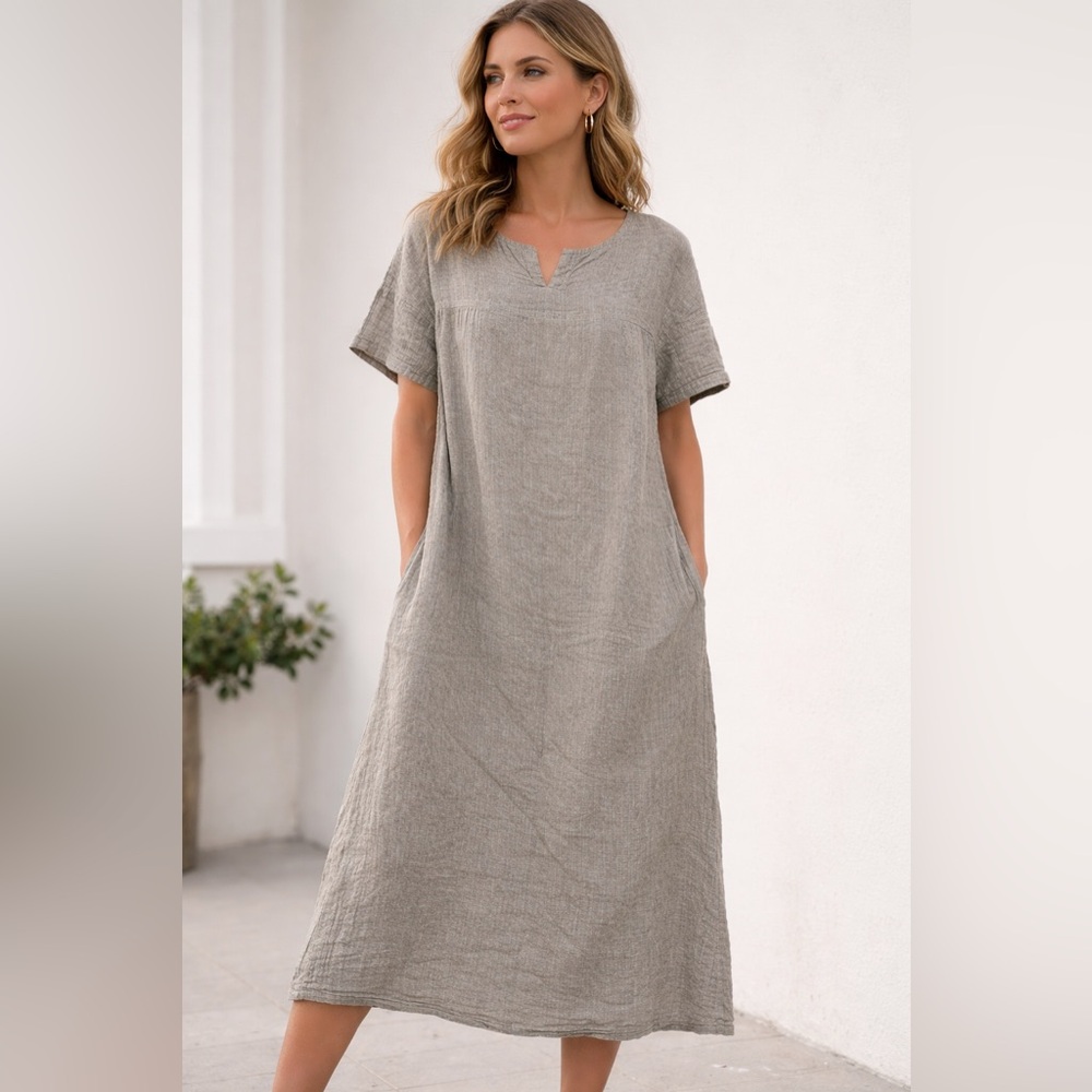 OSKA Women’s Linen Textured Oversized Casual Gray Midi Dress with Pockets SZ 1
